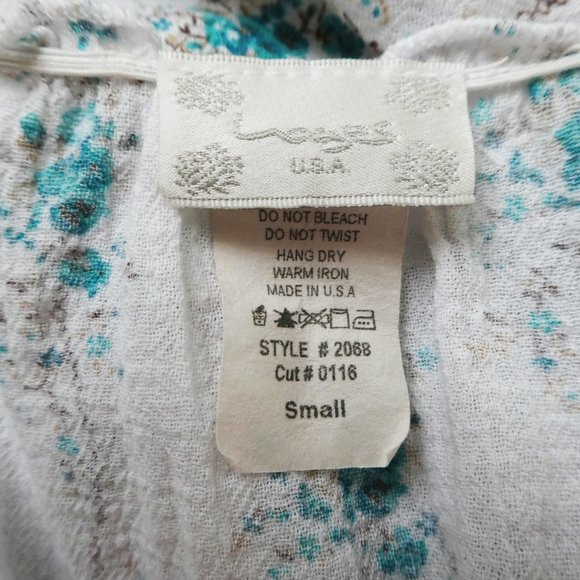 Vintage Floral Cotton Gauze Top White Blue Elastic Ruffle Neckline Short Sleeve - Picture 5 of 6